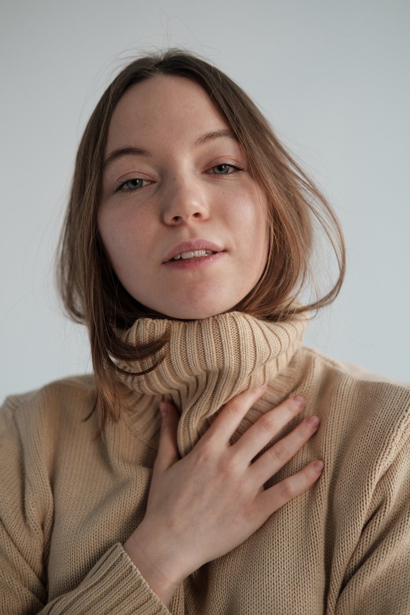 Charming woman wearing warm sweater in studio